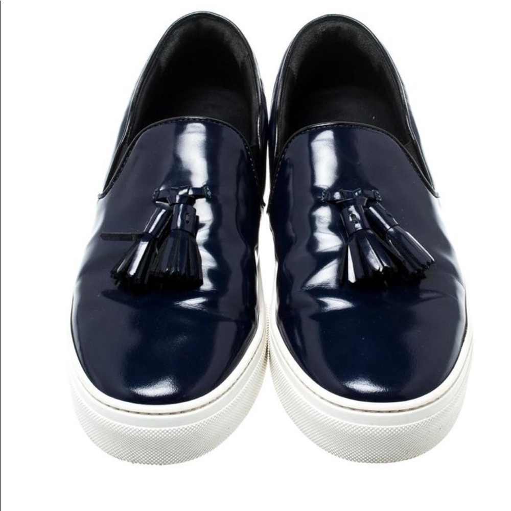 CELINE PARIS BLUE PATENT LEATHER TASSEL FRONT WHITE RUBBER PLATFORM SNEAKERS